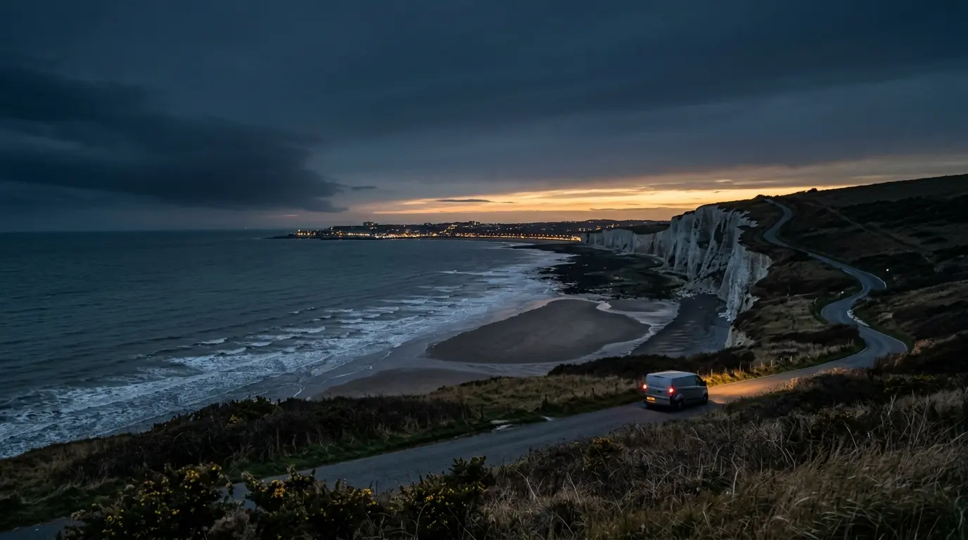 Kent coastline at dusk with a work van on the coast road heading towards town