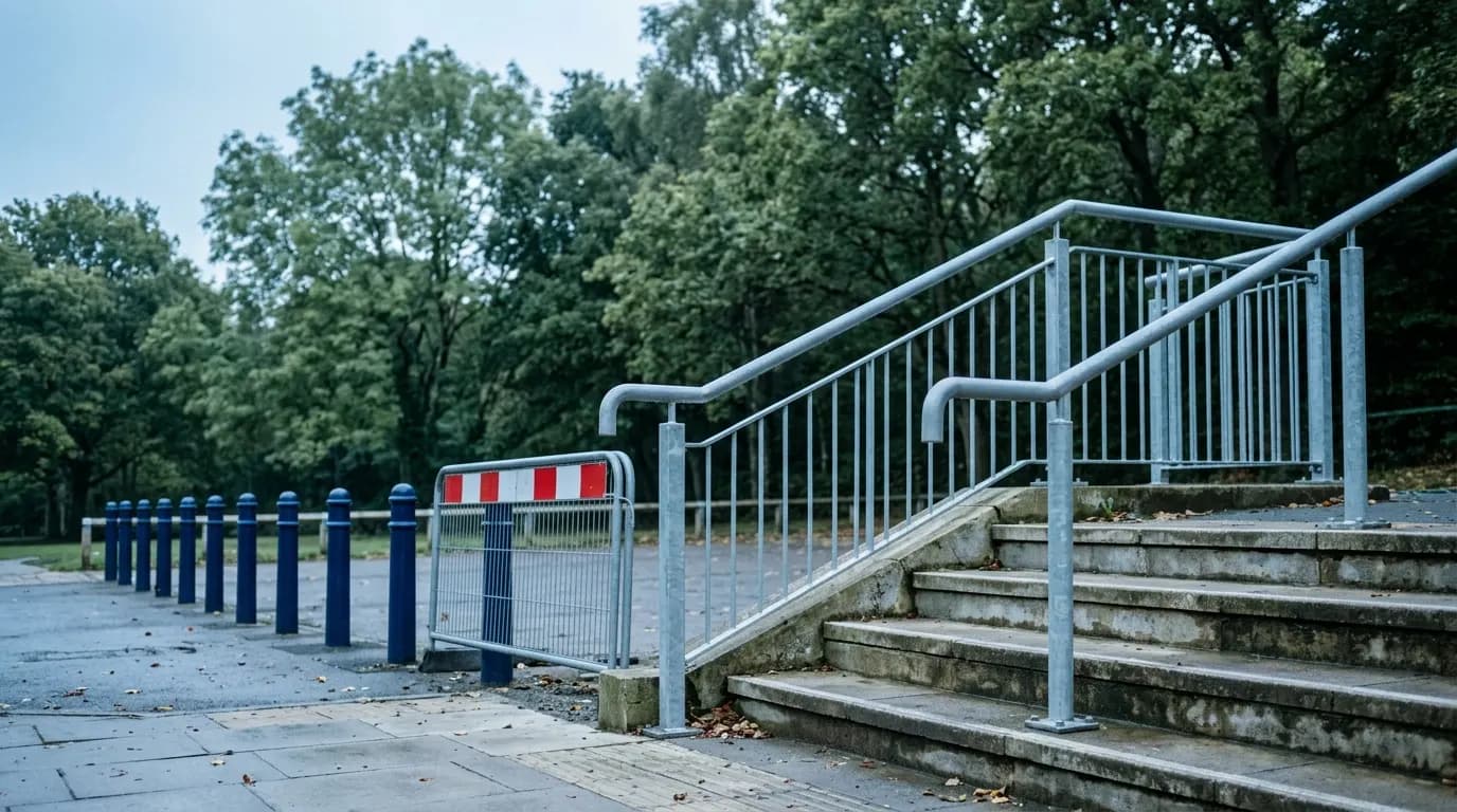 Newly fabricated galvanised steel handrail and balustrade installed on public steps